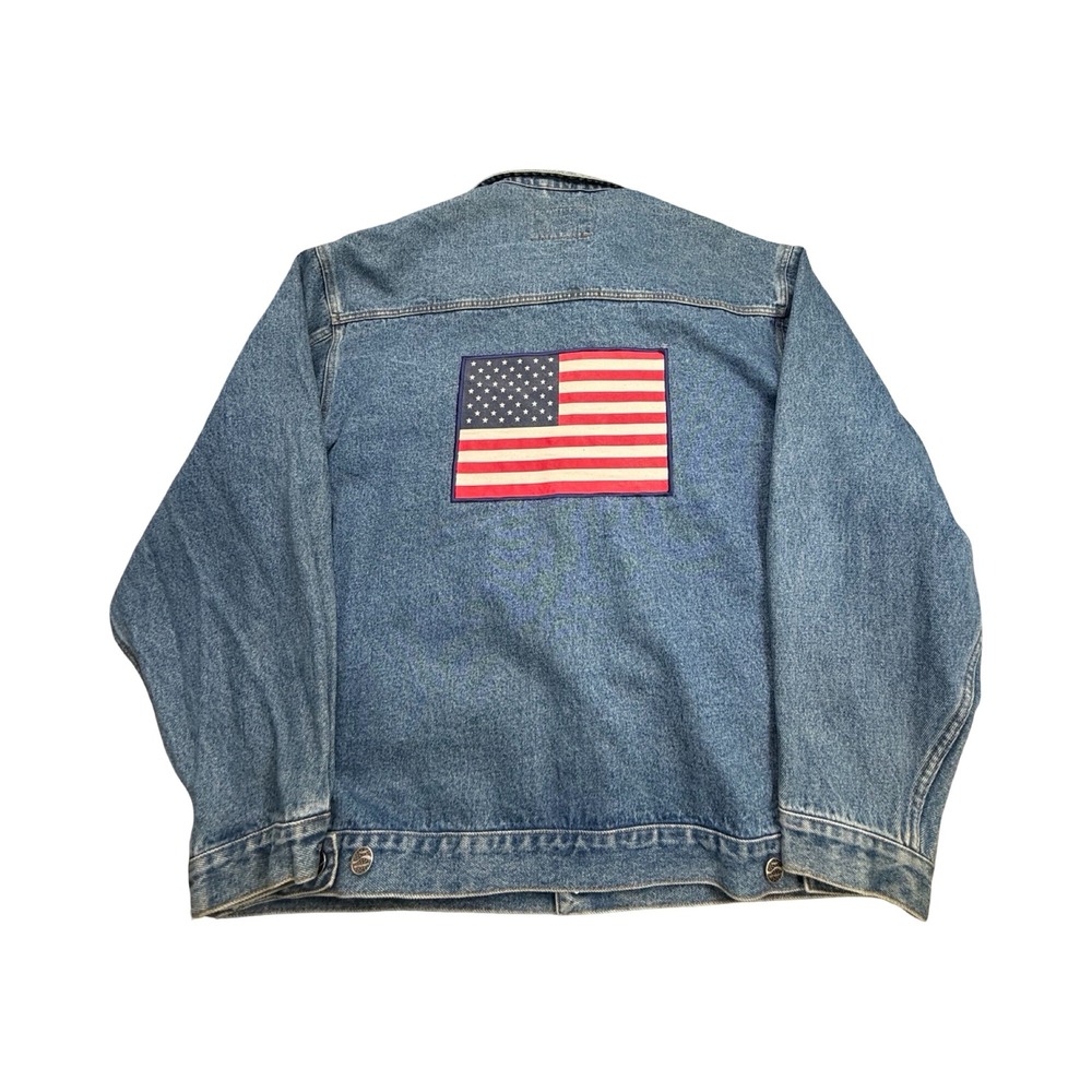 Disney Resort Denim Jacket Mens XL Blue Flag Patch Cotton Workwear Vintage 90's